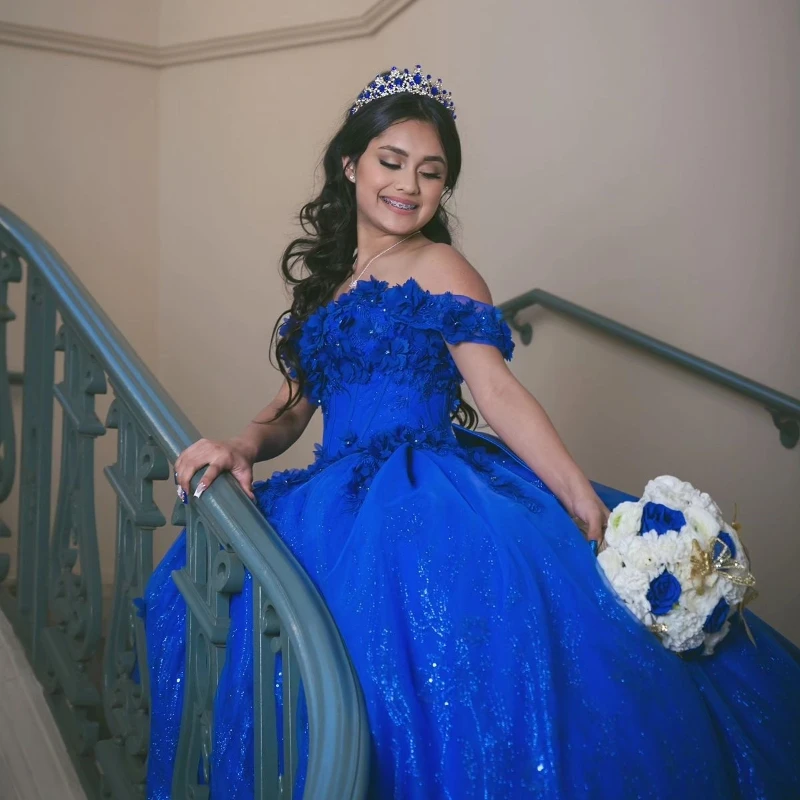 Royal Blue Shiny Quinceanera Dress Off The Shoulder Princess Beads Crystal Tull Sweet 16 Birthday Party Gown Vestido De 15 Anos