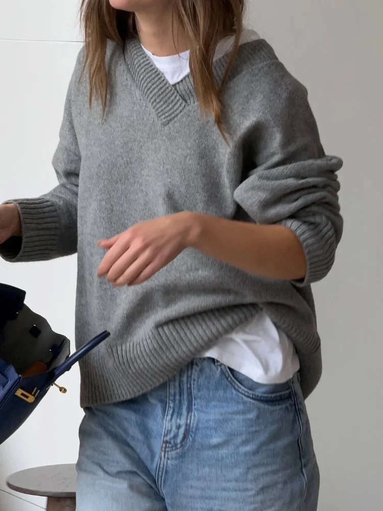 

Women's Casual Grey Knitted Pullover Loose Square Neck Full Sleeve Solid Color Sweater Female Fashion Commute Autumn Streetwear