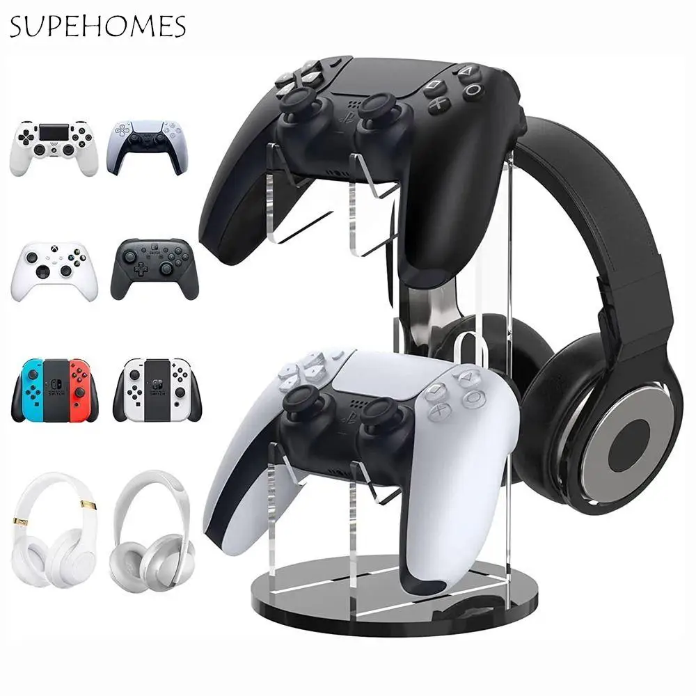 

2-layer Acrylic Gamepad Display Stand Space Saving with Headset Stand Hanger Game Controller Display Stand Clear