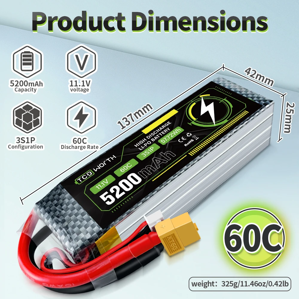 Batteria Lipo 3S 11.1V 80C 60C 5200mAh Batteria RC con connettore EC5 per modelli da corsa di aerei elicotteri per auto RC