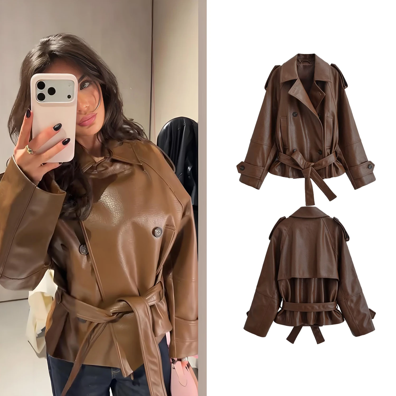 

Женский винтажный укороченный тренч из искусственной кожи, весенний, с длинными рукавами, двубортный, с поясом, модная повседневная куртка для женщин