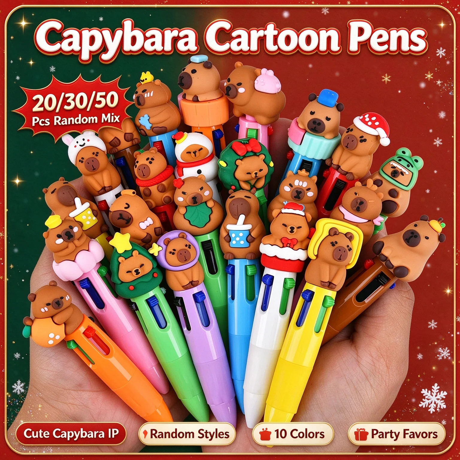 Kawaii Capybara 4‑in‑1 Multi‑color Retractable Ballpoint Pens 20/30/50 Pcs Cute Cartoon Writing Pen for Journaling Kids Gift