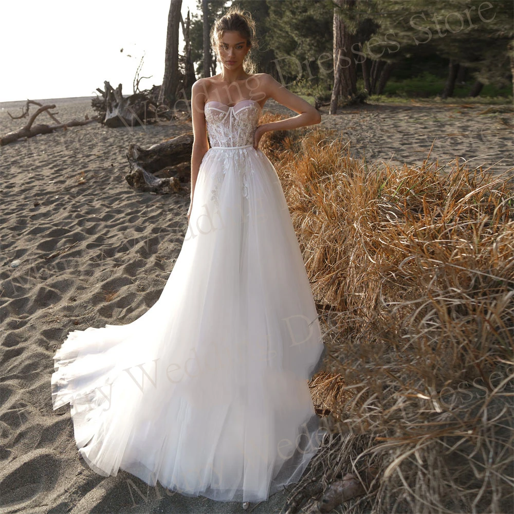 

Boho Graceful Strapless Wedding Dresses A-Line Appliques Sleeveless Shiny Beaded Bride Gowns Backless Tulle Vestidos De Novia