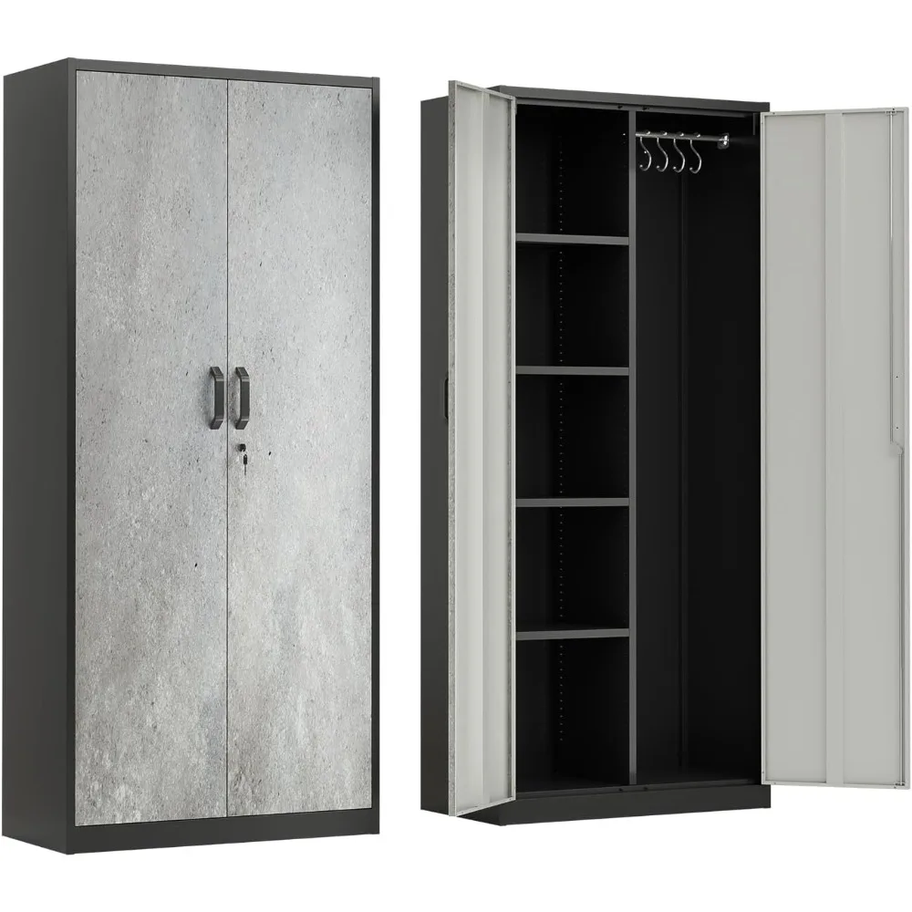 خزانة تخزين معدنية مع قضيب تعليق، 4 أرفف قابلة للتعديل، أبواب قفل بتصميم نمط رمادي حديث، خزانة ملابس الدولاب