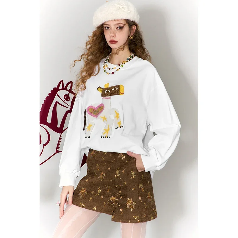 ELFSACK Women's Cotton Crewneck Sweatshirt 3/4 Sleeve Pony Applique Plush Embroidery Relaxed Fit Multi