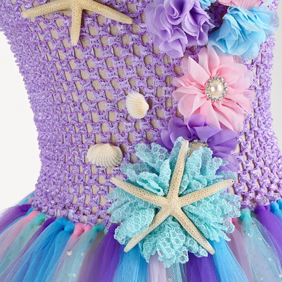 Robe Tutu sirène mignonne de 1 à 12 ans, avec des Appliques d'étoile de mer de corail, épaules dénudées, robe de princesse fantaisie, robe bouffante de fête d'anniversaire pour tout-petits