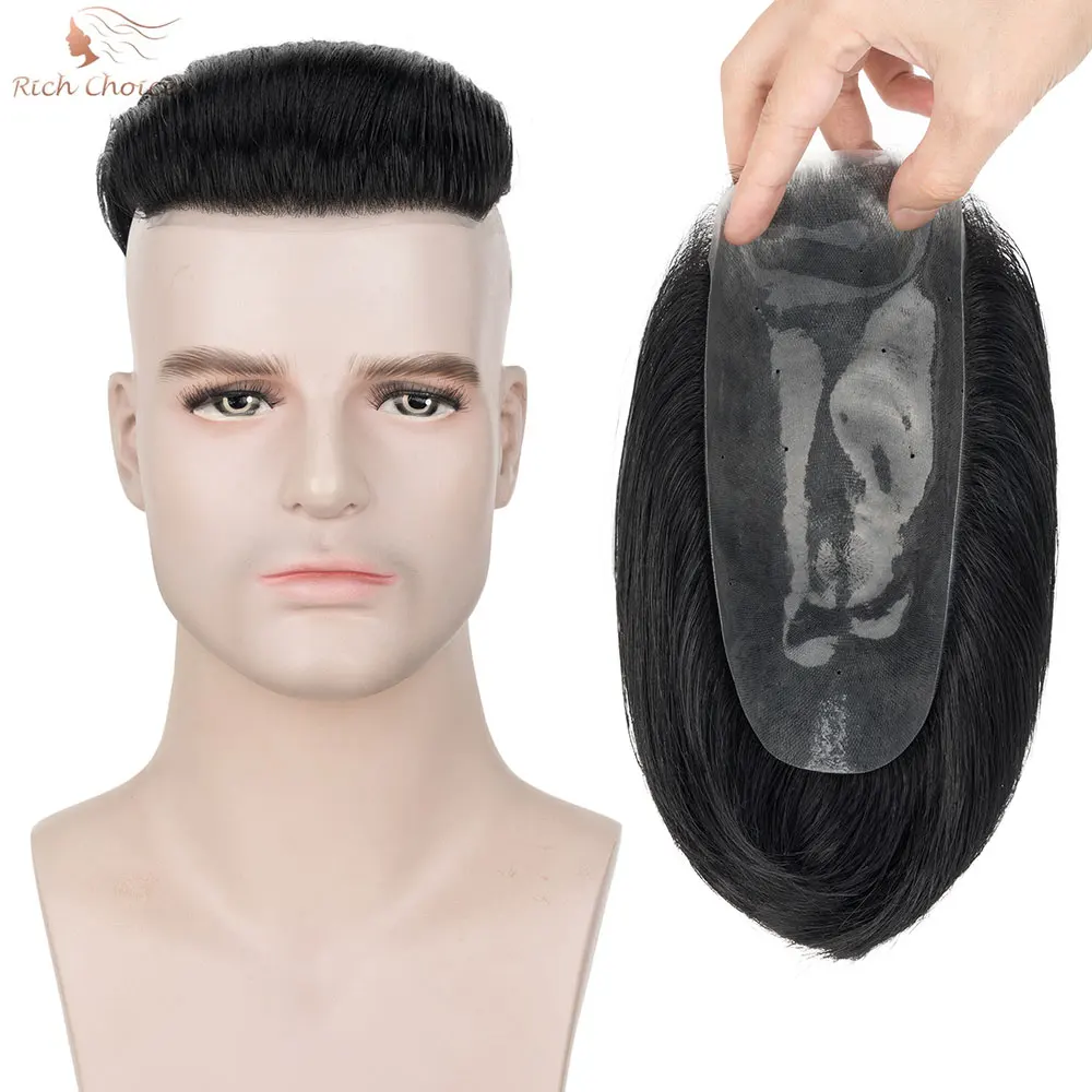 6x8inch Human Hair Men's Toupee Thin Skin PU Toupee Human Hair Transparent Biological Scalp Prosthesis Backward Style Men Wigs