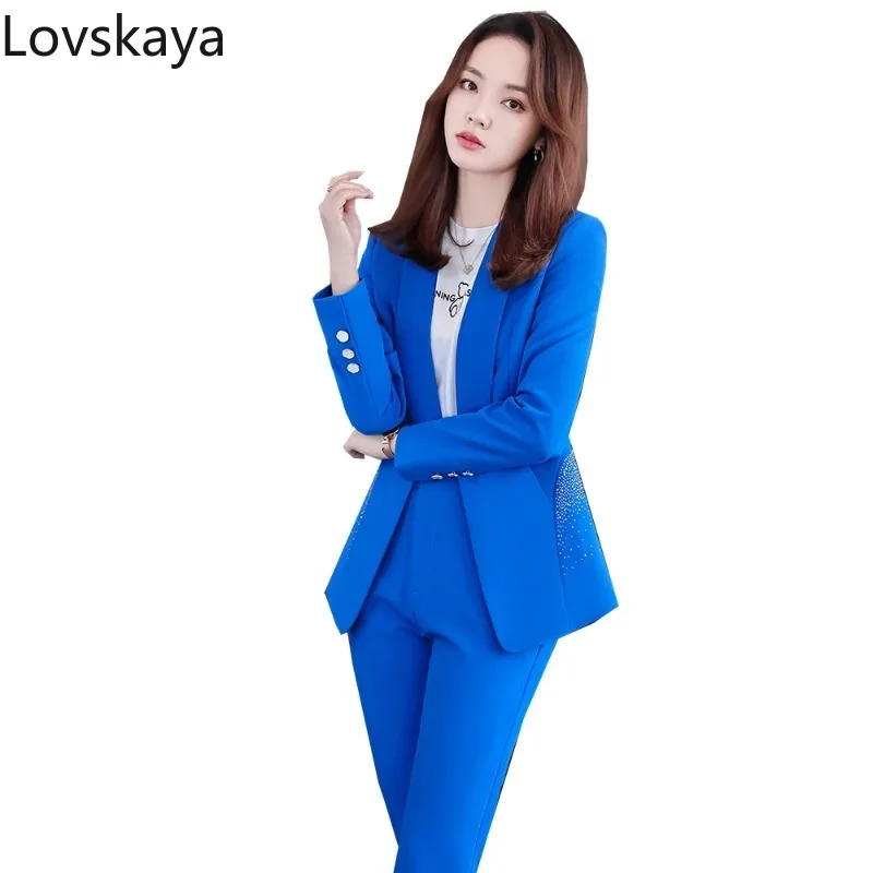 

Female Solid Jacket Coat And Trouser For Office Women Formal Work Wear Blazer Pant Suit Blue White Black 2 Piece Set