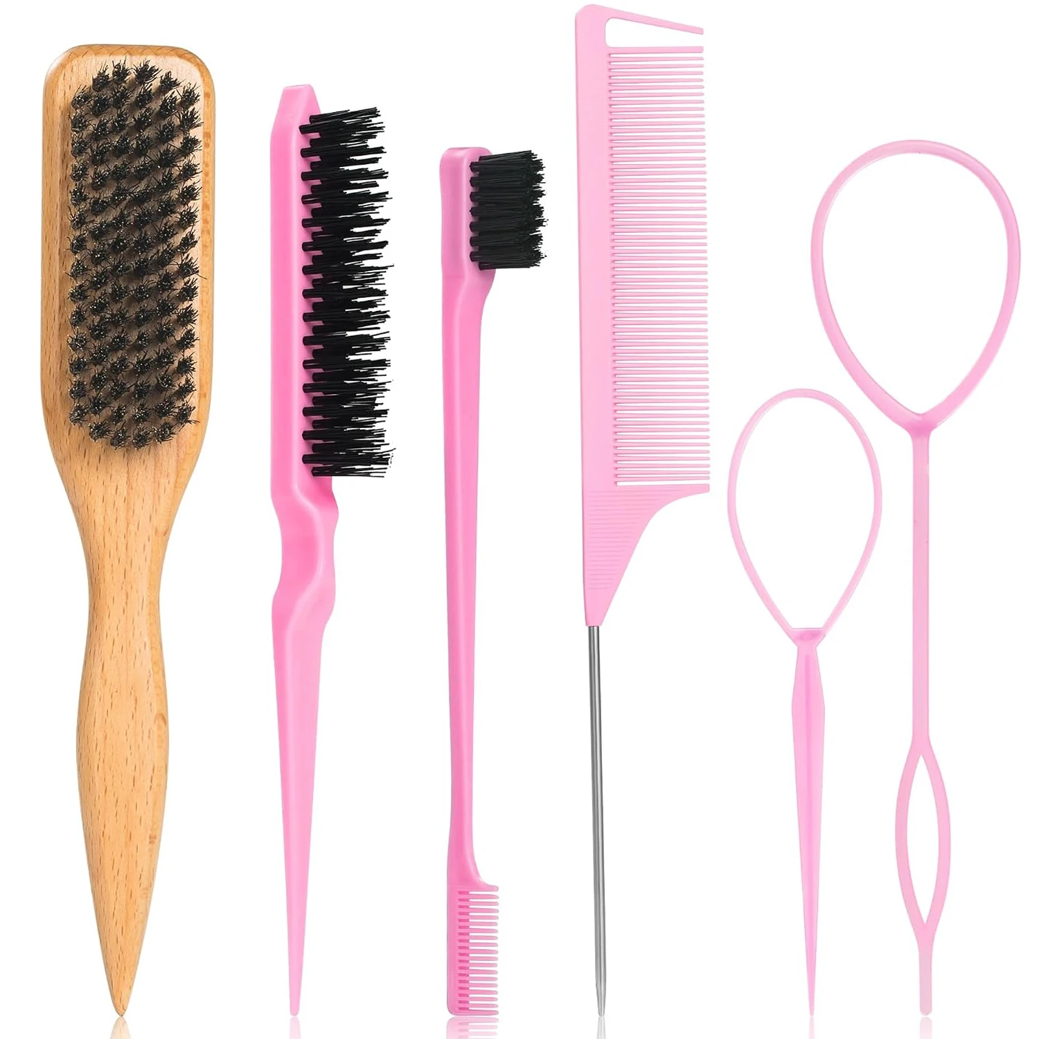 New Hair Brush Set,  Topsy Tails, Edge Comb, Teasing Tool & Fine Tooth Pin Tail Comb for Sleek Ponytail, Braid Styling