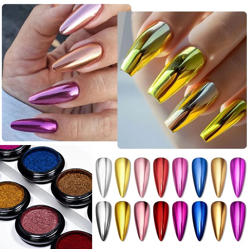 8 Colors Metallic Chrome Nail Powder Magic Mirror Gold Silver Decor Rubbing Glitter Pigment Flakes Manicure Nail Accessories