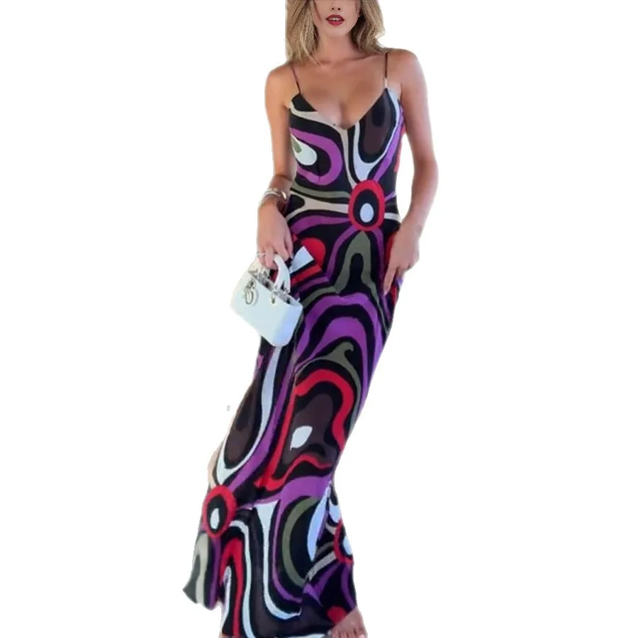 Sommer Bedruckte Satin Hosenträger Rückenfreie Lange Rock Kleider Für Frauen Side Split Secy V-ausschnitt Elegante Abend Party Maxi Kleid Y2k