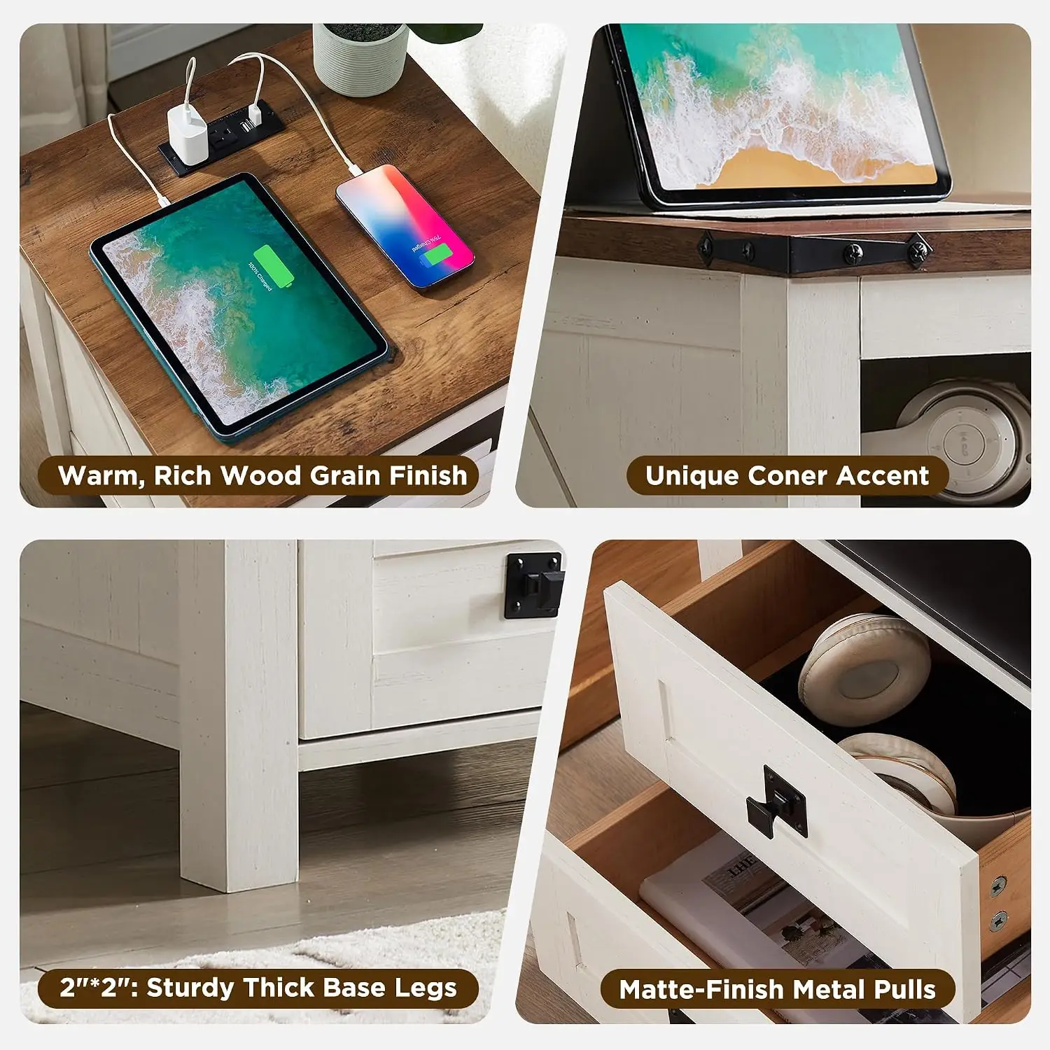 18" Farmhouse Nightstand with Charging Station, Antique White