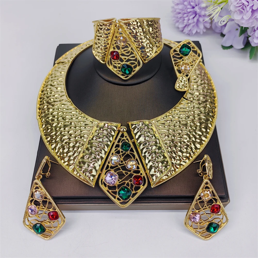 

Jewelry Set For Women Tricolor Plating Luxury Design Necklace Earrings Bangle And Ring Full Set Jewelry Wedding Party Gift
