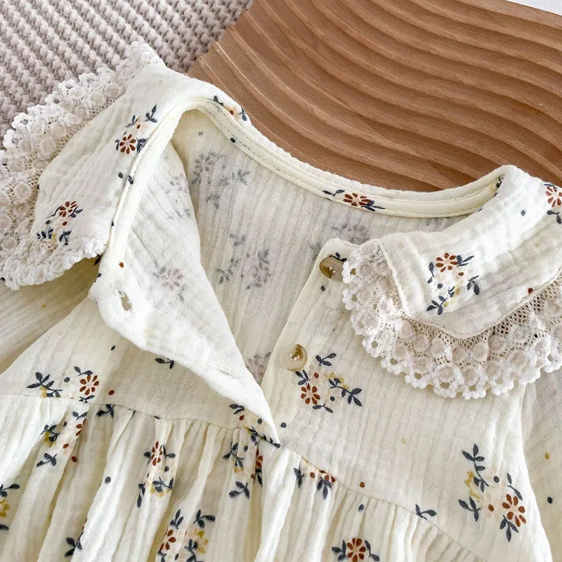 2024 Autumn New Baby Clothes Floral Bodysuit for Infant Girls Toddler Peter Pan Collar Long Sleeve One Piece with Hat 0-2 Y