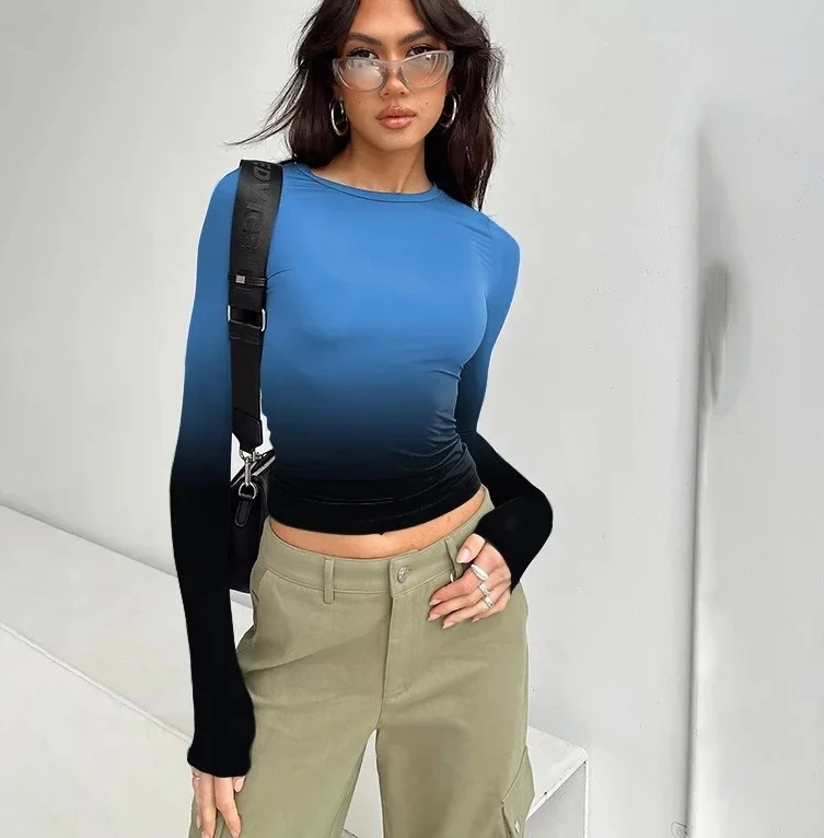 

Fashionable Gradient Print Round Neck Pullover TopWomen's Spring Autumn Base Layer Shirt Trans-seasonal Clothing