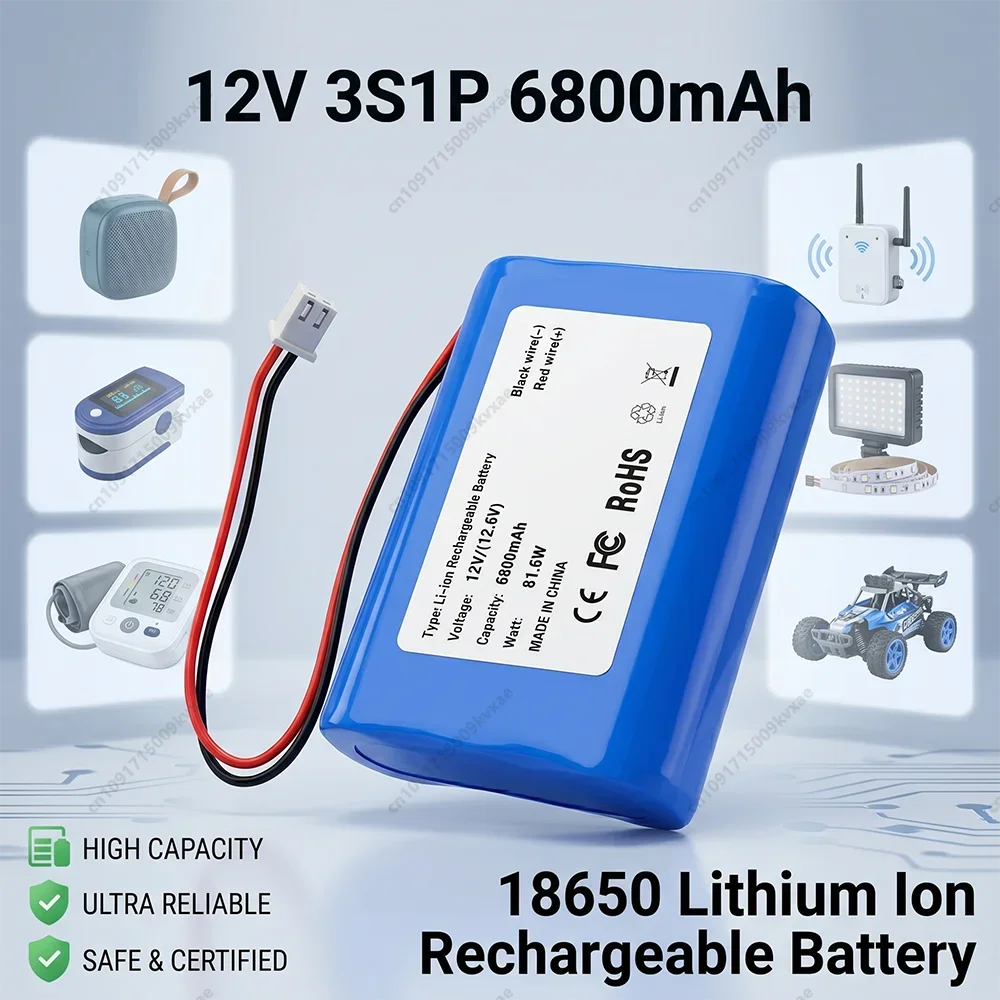 Rechargeable 18650 Lithium Battery 12V 3S1P 6800mAh Pack with BMS for Flashlight Universal Toys Electronic Equipment