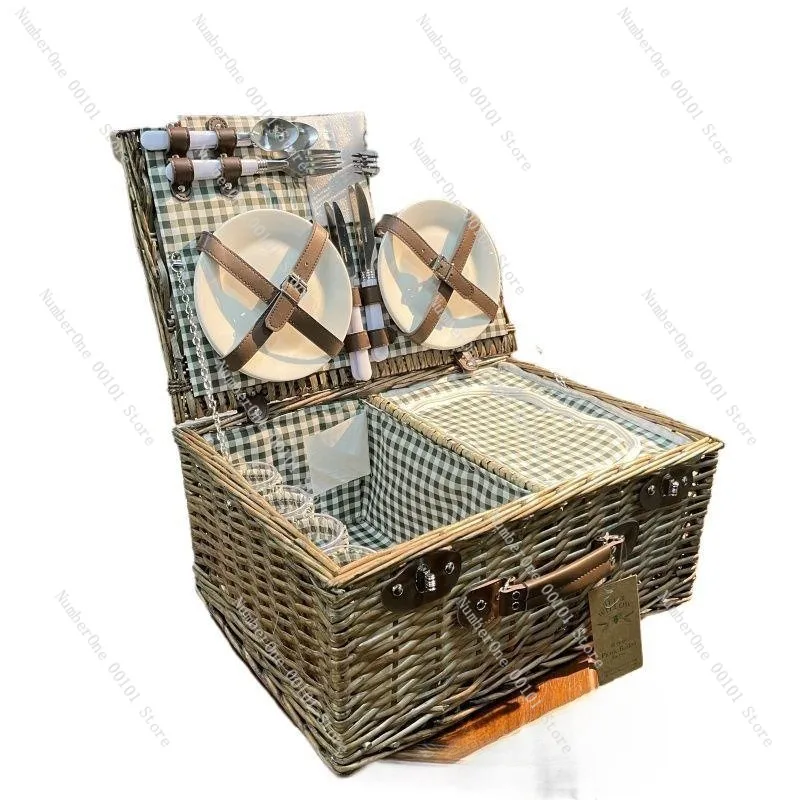 

Винтажная плетеная корзина для пикника в японском стиле, набор для кемпинга и пикника с крышкой, термоизолированная, для хранения фруктов, портативная посуда для улицы