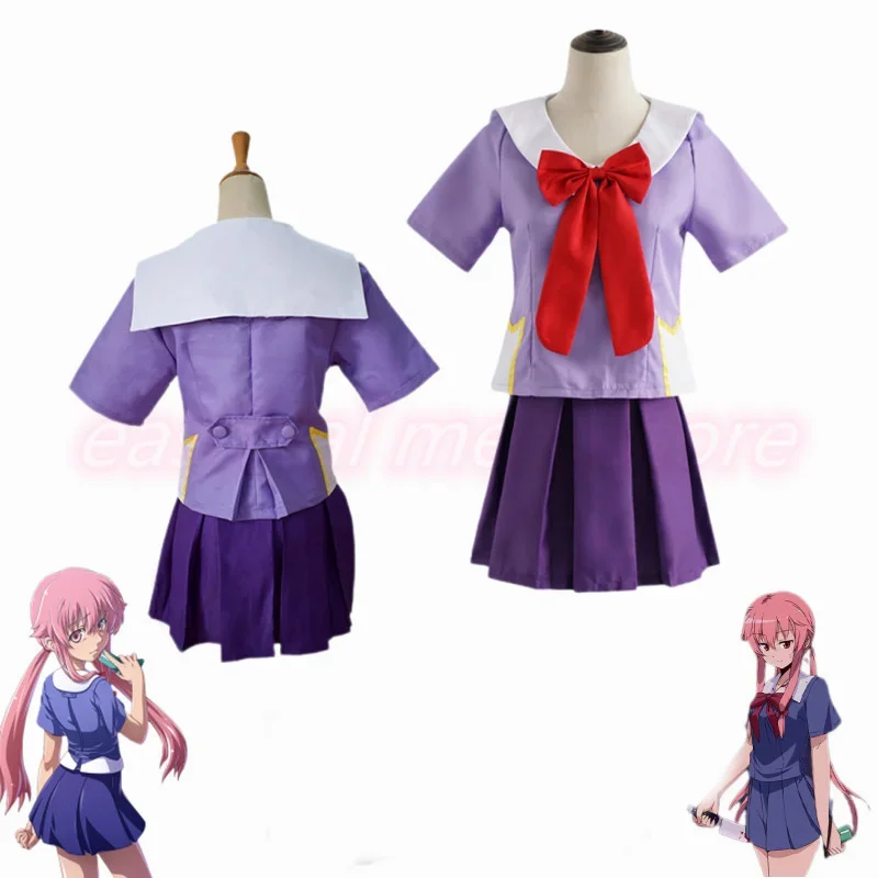 Costumes Cosplay Anime 2Nd Mirai Nikki Gasai Yuno Sailor Uniform Women Lolita Dress Carnival Party Red Bow Wig Full Set