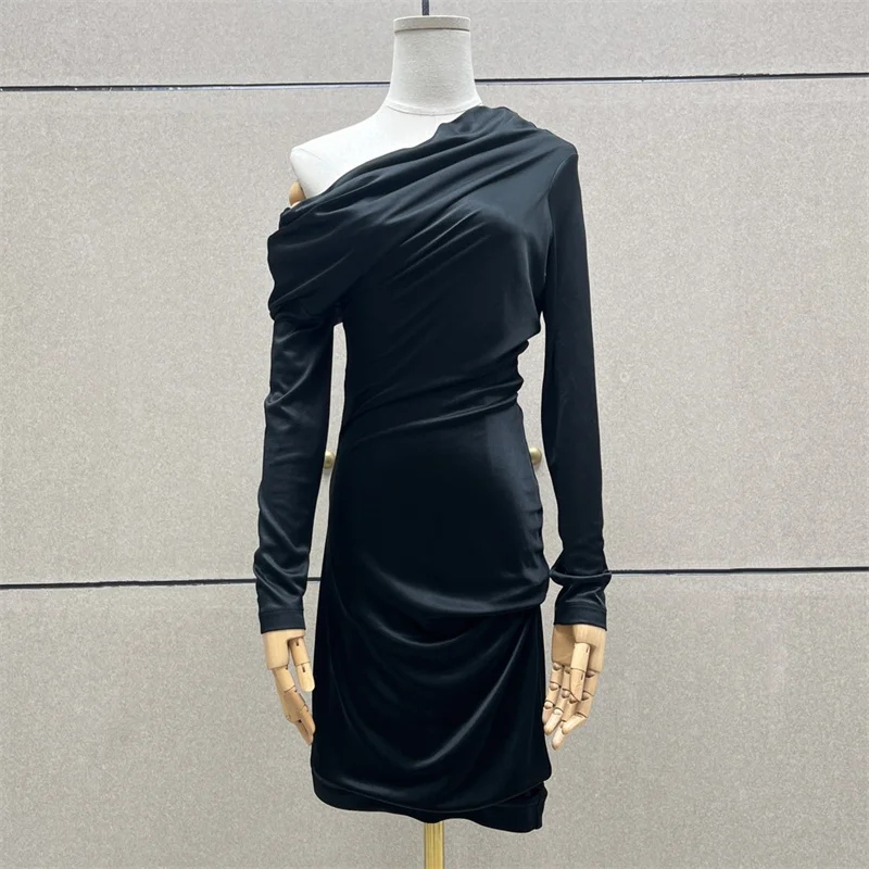 elegant party dresses woman 2024 autumn New sexy off shoulder long sleeved mini dress Satin slim Short dresses Evening dresses