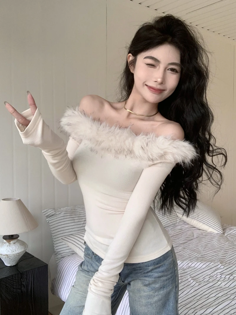 Fur Collar Off-the-shoulder Velvet Sexy Chic Women Shirt Autumn Spring Long-sleeved Slim Cropped Tops Y2k Party Club 2025 Spring