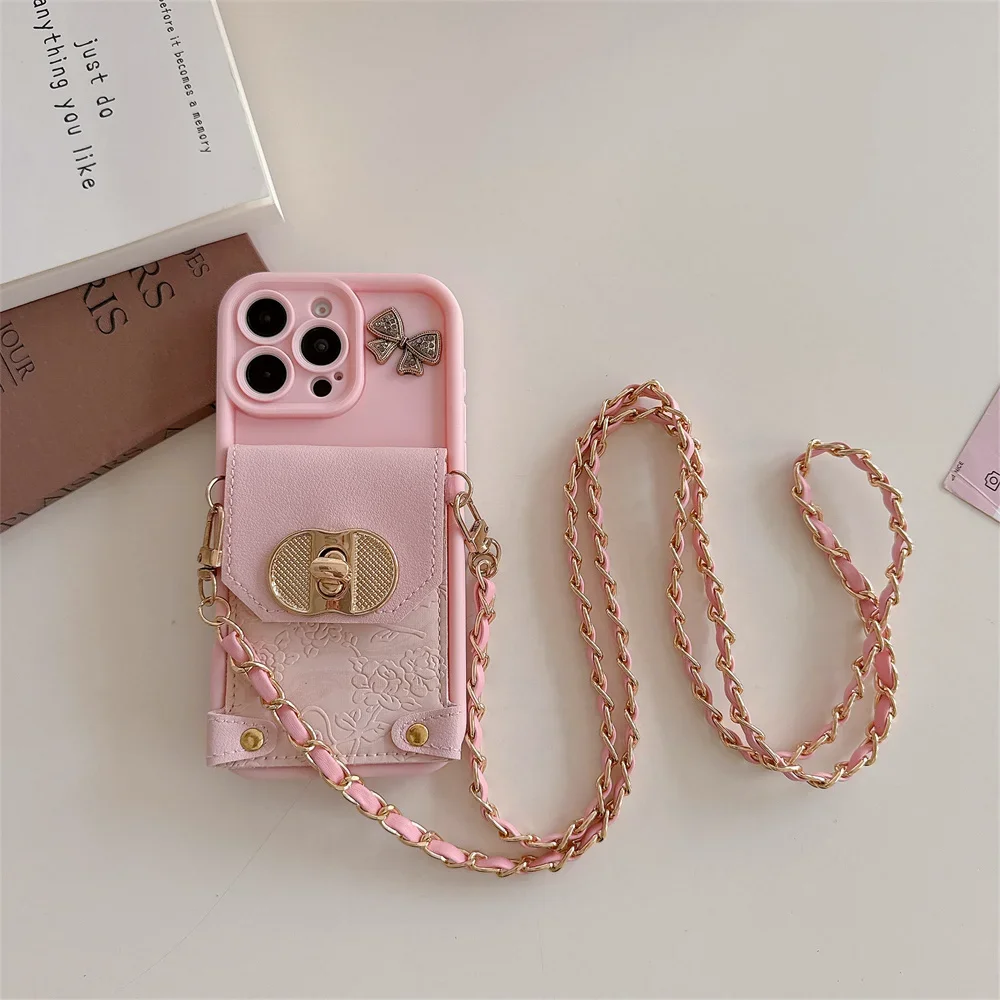 Carteira de couro com cordão crossbody e porta-cartões, capa de telefone para iphone 16 15 14 13 12 11 pro max, capa protetora à prova de choque
