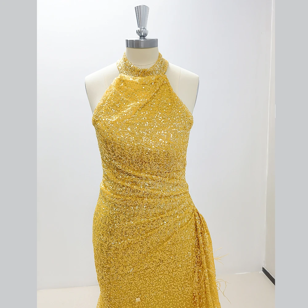 Sleeveless Womens Evening Dress Mermaid Gorgeous Golden Prom Gown with Feather Bead Formal Evening Dress Floor Length