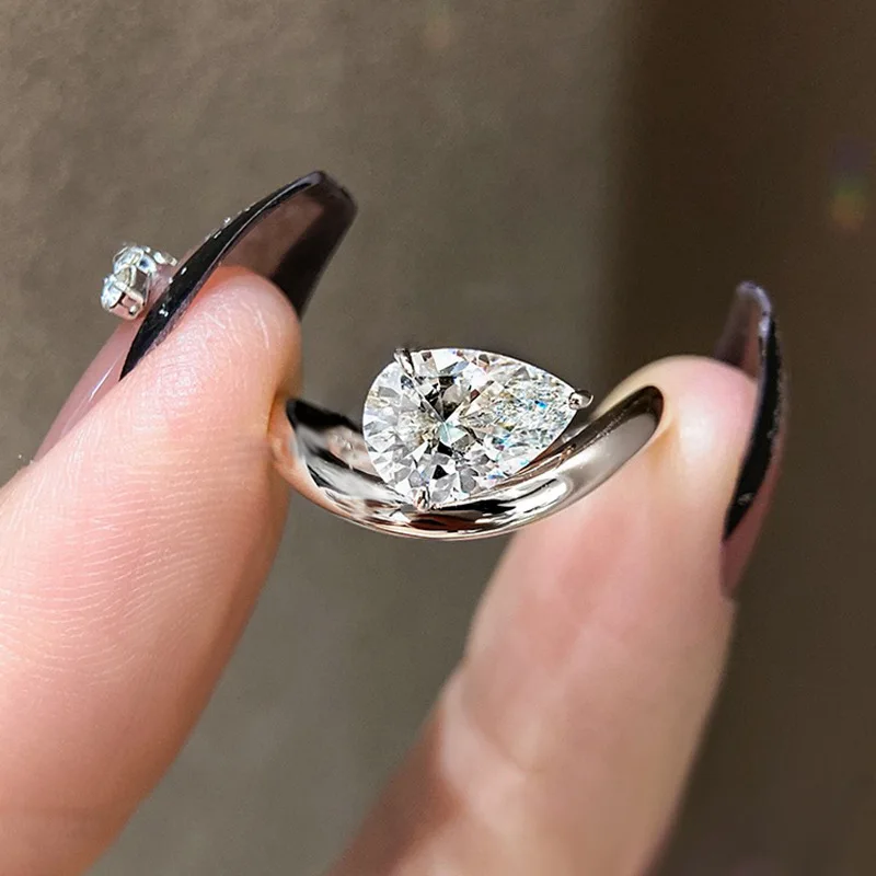 New 100% S925 Silver Ins Feng Shui Drop Diamond Ring Fashion Basic Single Diamond Ring Diamond Ring Wedding Jewelry
