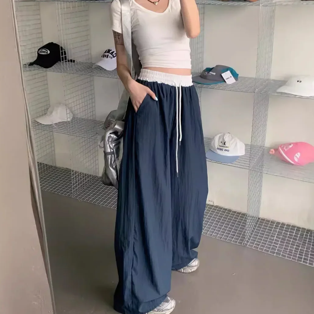 

Pop Pop Loose Wide Leg Pants Women's Summer Casual Trousers Drapey Floor-Length Trousers Splicing Design Comfortable Elastic Wai
