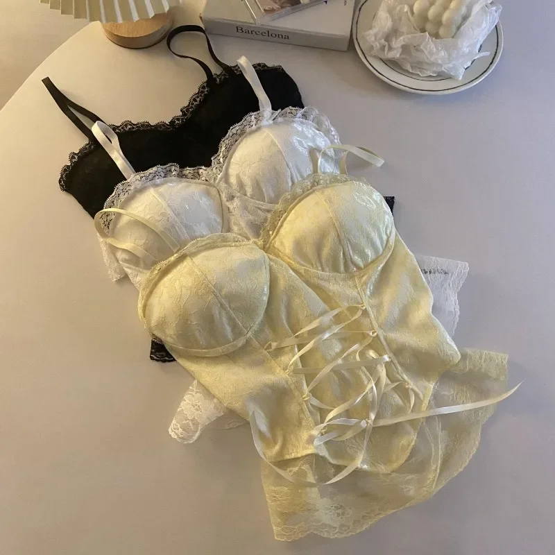 French Style Romantic Bandage Camisole Women Sweet Ladies Casual Crops Mujer Popular Summer Vintage Girl Slim Aesthetic Inside