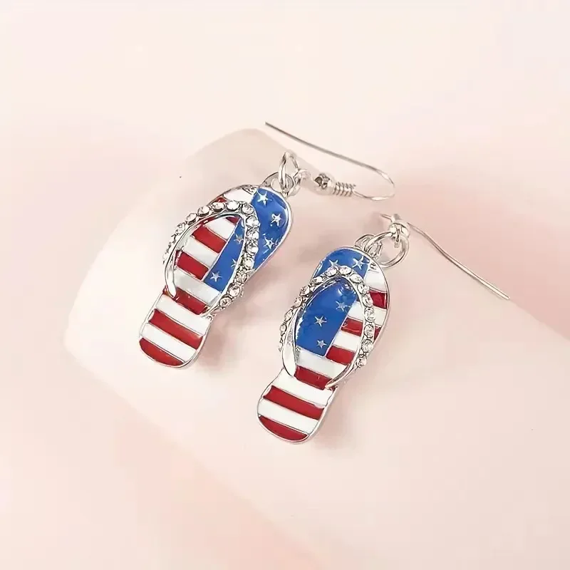 American Independence Day Slippers Earrings for Women Girl Star Red White Blue Stripe Diamond Studded Oil Dripping Earrings