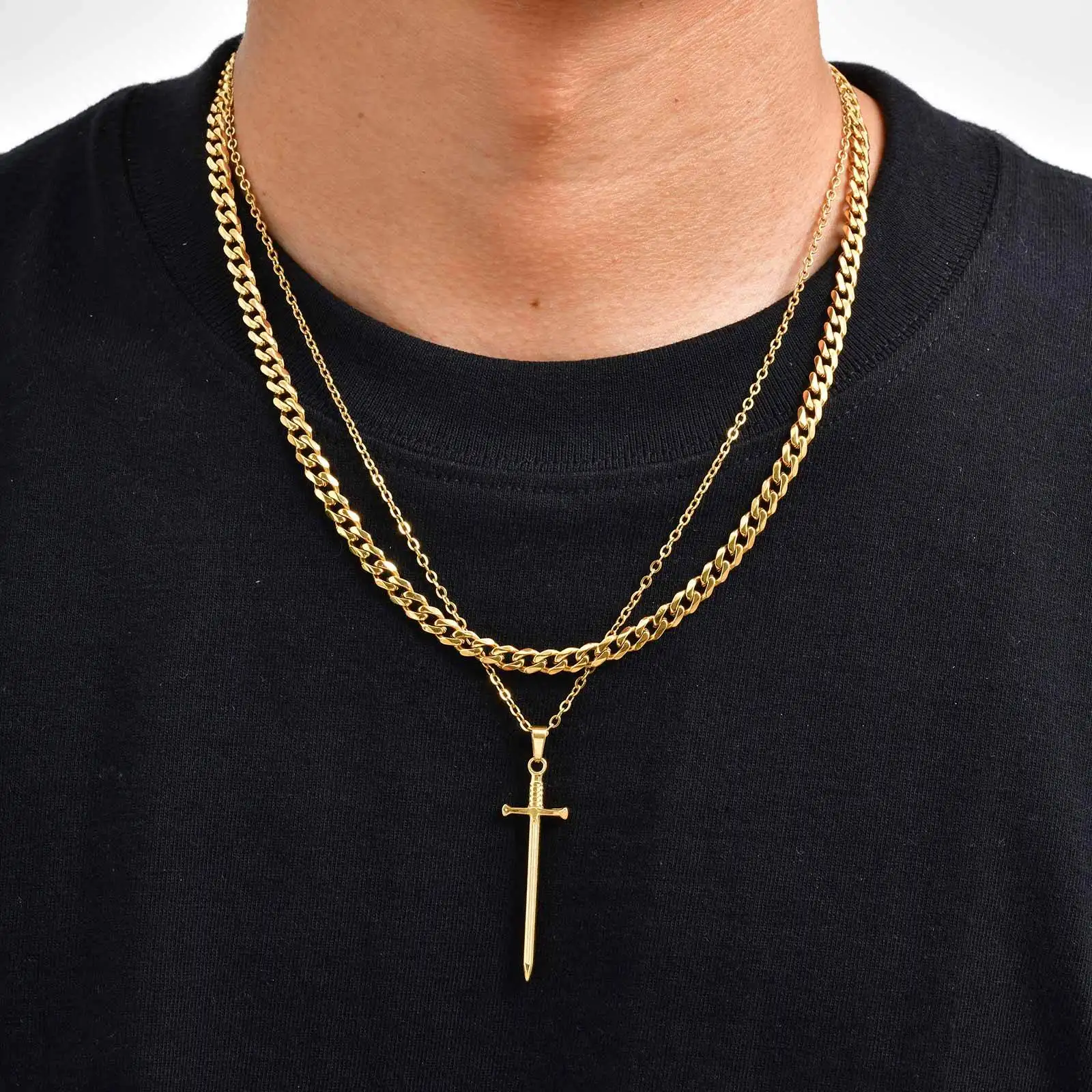 Lange Schwert-Anhänger-Halskette für Männer und Jungen, Punk-Anhänger aus Edelstahl, 50 cm Kettenhalsband – Detail 7