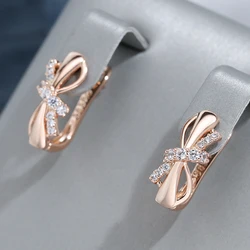 Wbmqda Cute Bowknot Earrings For Women Girls 585 Rose Gold Color With Natural Zircon Trendy Jewelry Gifts