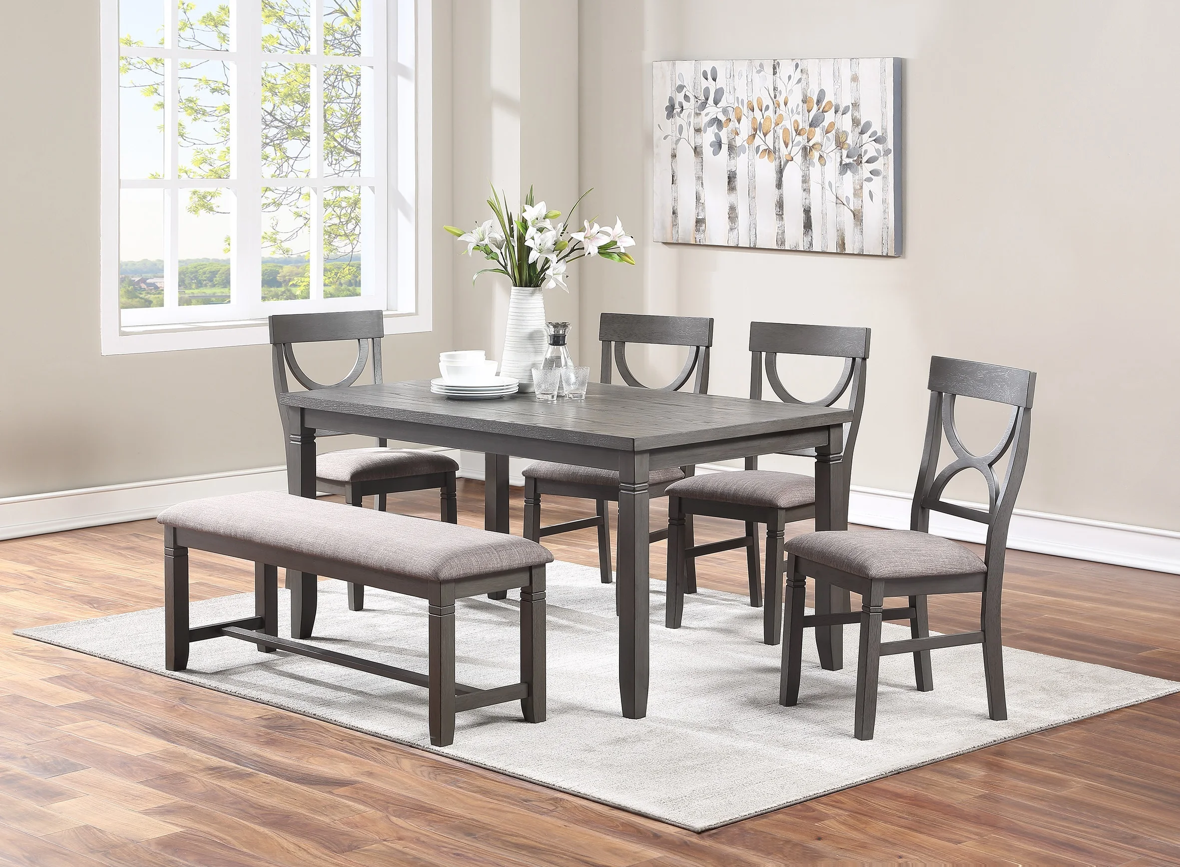 

Dining Room Furniture 6pc Set Rectangle Table 4x Side Chairs and A Bench Grey Finish MDF Rubberwood