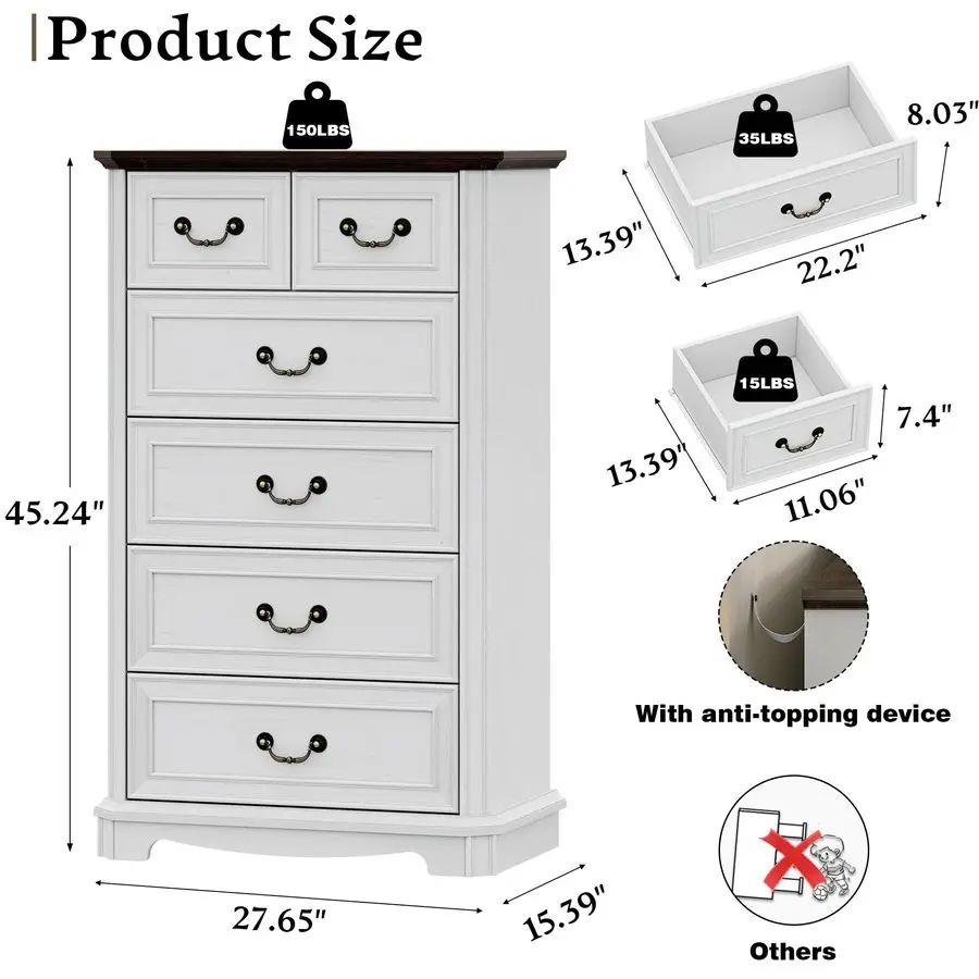 Commode à 6 tiroirs pour chambre à coucher, grande commode rustique avec poignée en métal, armoire tour de rangement vintage en bois, placard en bois