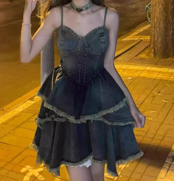 فستان نسائي صيفي كبير الحجم أزرق عتيق من قماش الدنيم الجامعي فستان بحمالات على الموضة بخصر عالٍ على شكل حرف a لتخفيض العمر فساتين كعكة كورية #3