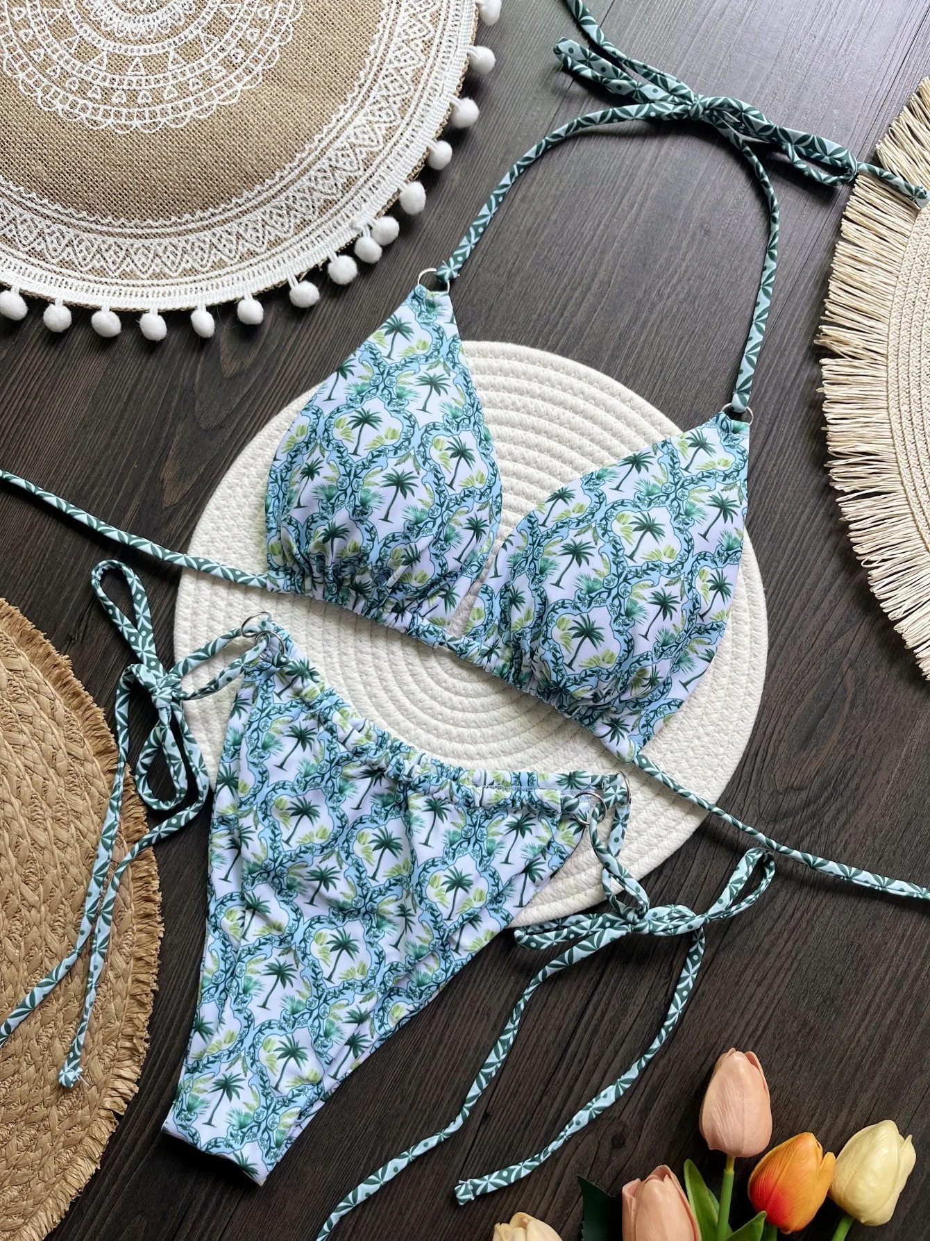 Women's All Over Printed Tie-Front Halter Micro Bikini Set Sexy Two-Piece Swimsuit Lace Up Thongs Summer Holiday Swimwear 2025