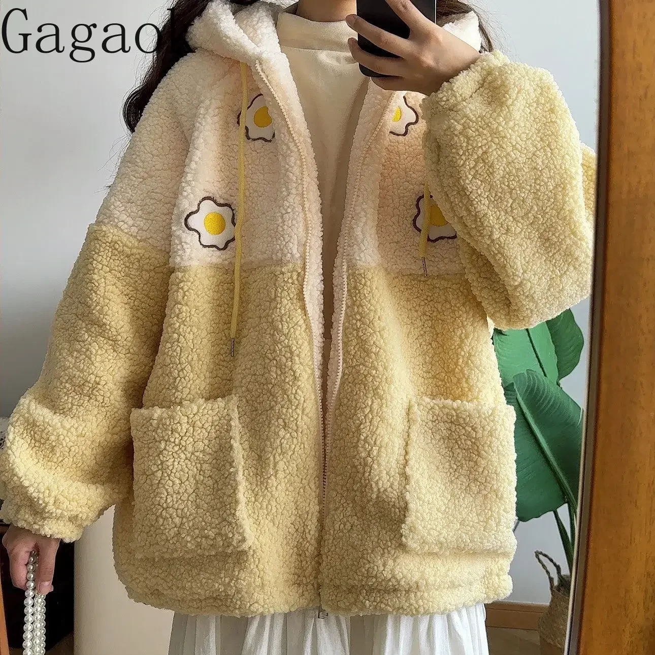 Gagaok Sweet Parkas Mujer Korean Fashion Winter Coat Elegant Hooded Pockets Fur Patchwork Kawaii Clothes Outwear Jackets