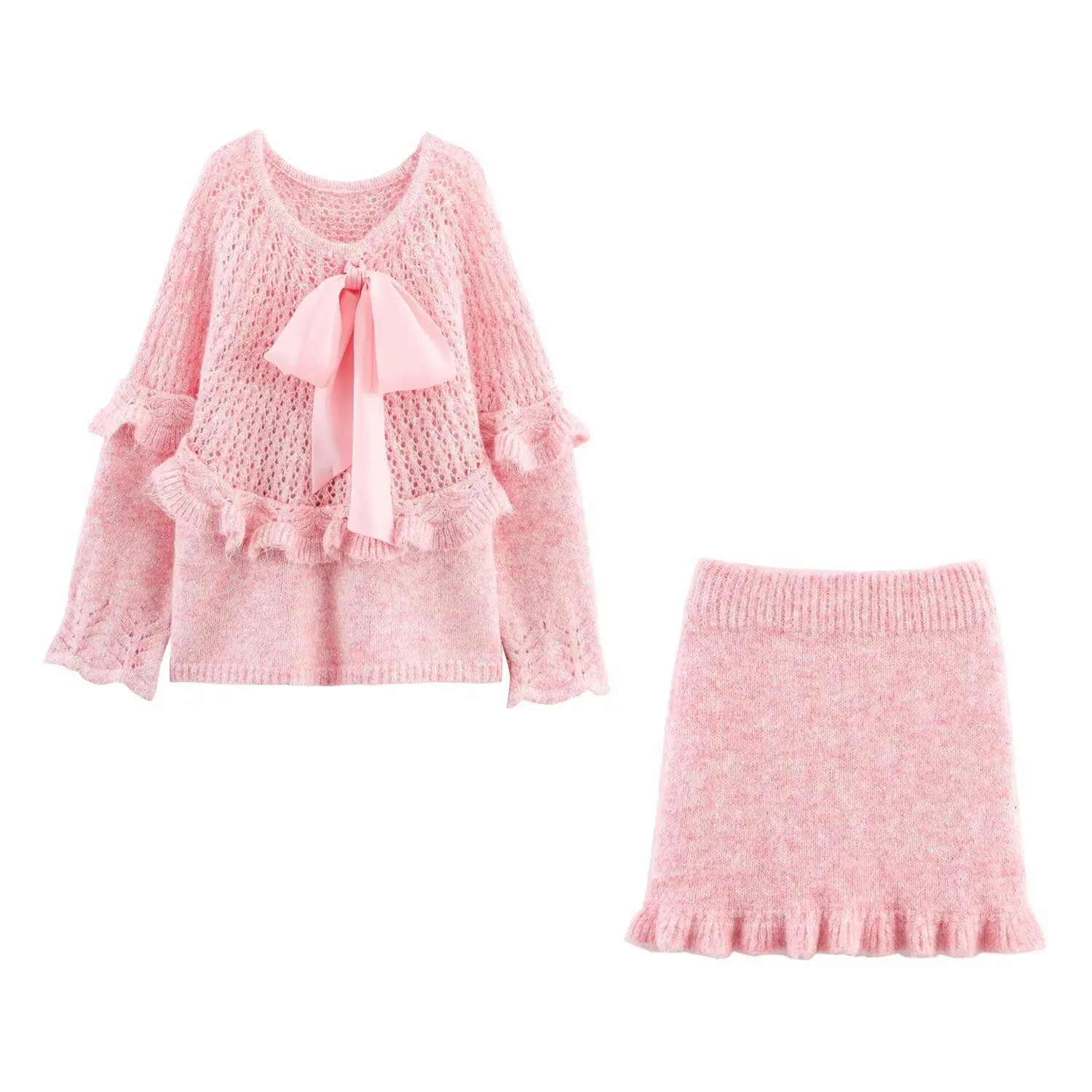 JNLEAOG Faionable tricoté jupe ensemble avec Saes pour les femmes automne nouveauté chaud longue Sve deux pièces costume européen Sle