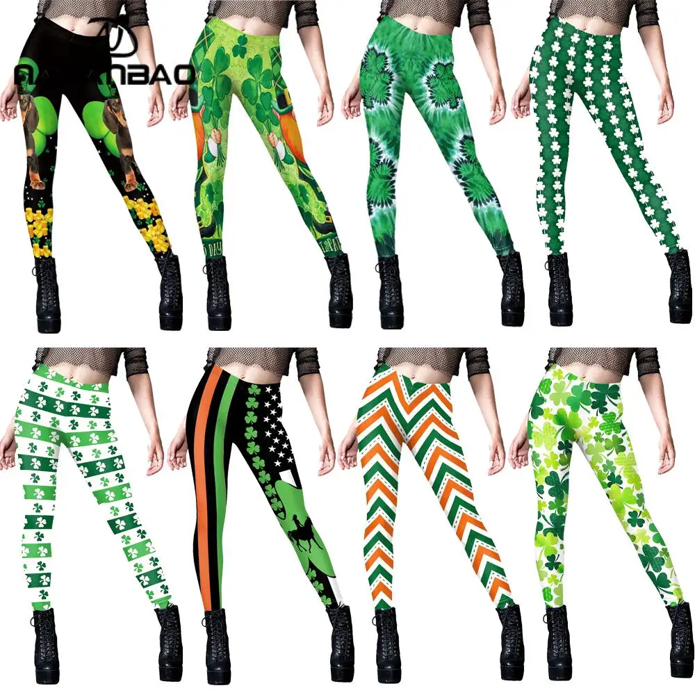 Nadanbao st. Patrick's Day 3D-Druck Leggings Frauen mittlere Taille sexy Strumpfhosen irische Festival Party Klee Hose Mädchen Trainings hose