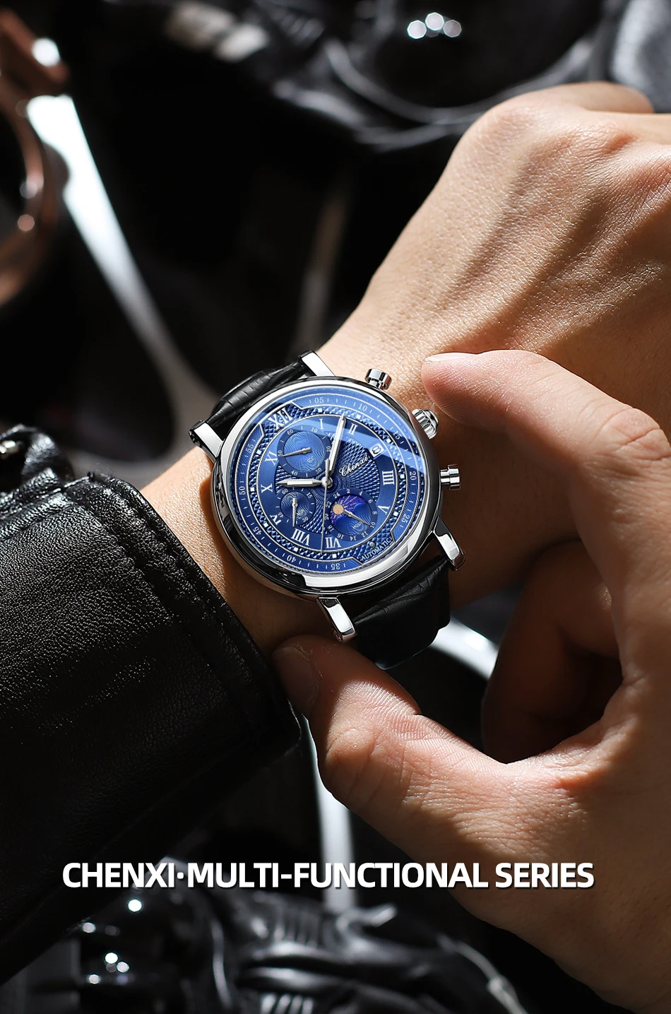 Chenxi 976 Leather Chronograph Date Men's Phase Of The Moon Timing Business Luminous Quartz Watch Relojes Para Hombres