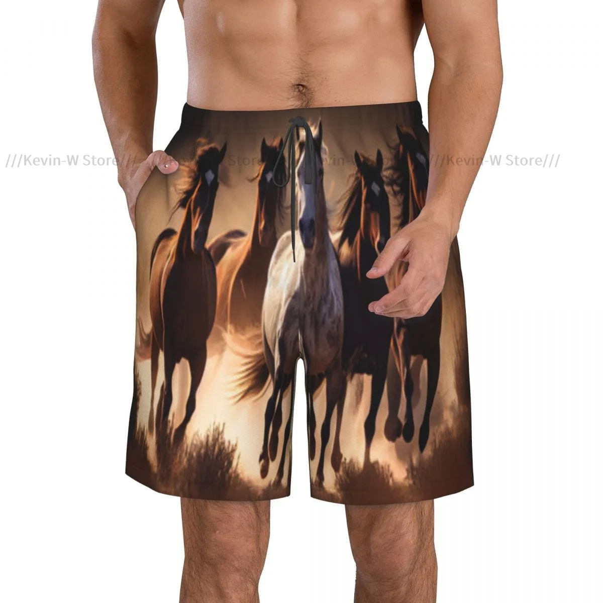 Summer Men Swimwear Breathable Quick Dry Trunks Wild Horses Running Through Meadow Beach Shorts for Running Training Surfing