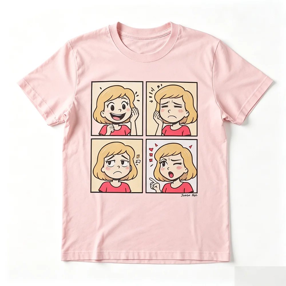 Unisex Cute Blonde Comic Girl Four Panel T-Shirt Multiple Moods Graphic Tee Short Sleeve Cartoon Emotion for Adults And Kids