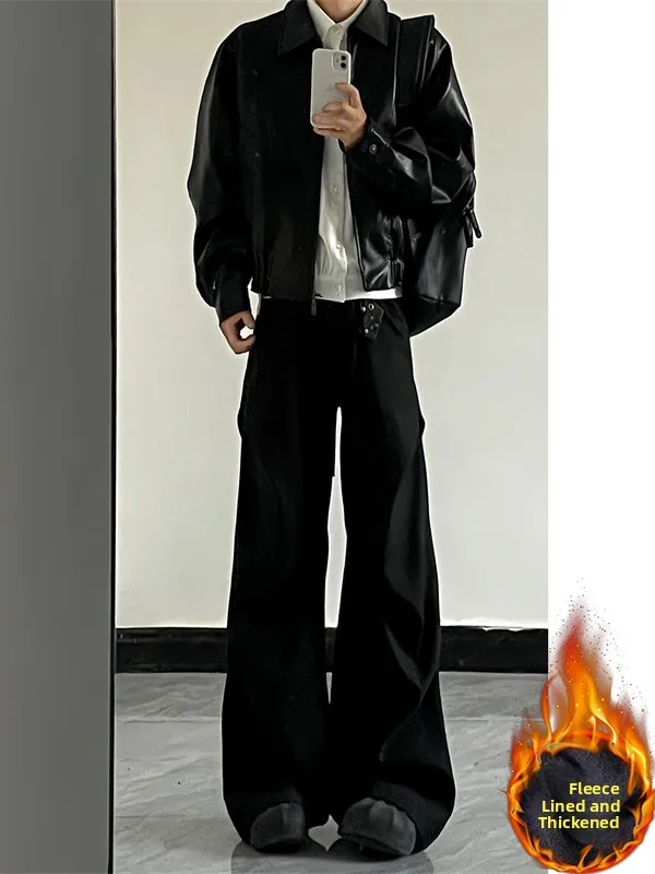 

Bla Fce Lined Men's Straight Leg Pants Autumn Winter Thiened Casual Suit Pants Drapey Wide Leg Youth Faion Polyester...