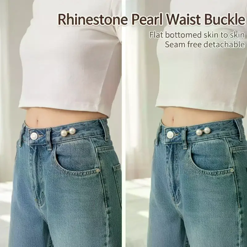 Jean Button Rhinestone Pearl Adjustable Waist Buckle Reusable Fix for Tightening Denim Pants Skirt for Women DIY Solution