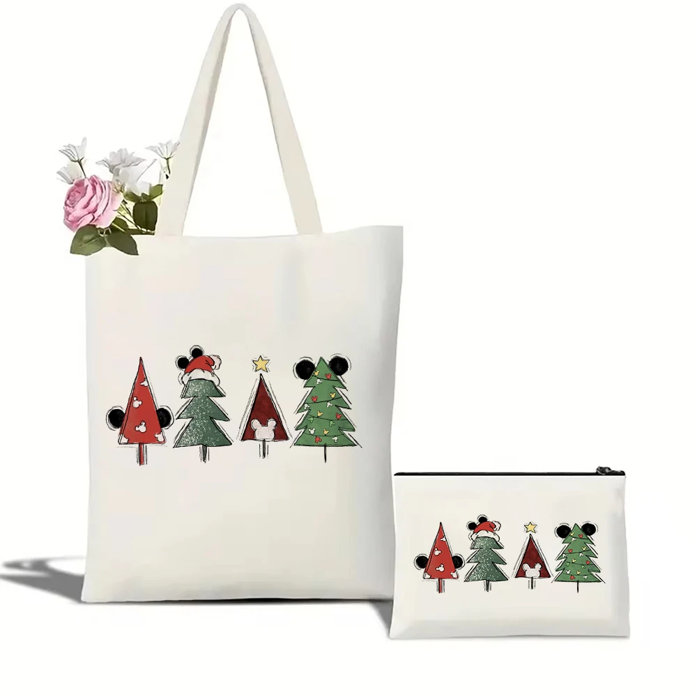 Merry Christmas Tree Pattern Canvas Tote Bag Large Capacity Shopping Bags Shoulder Handbag Eco Girl Handbags