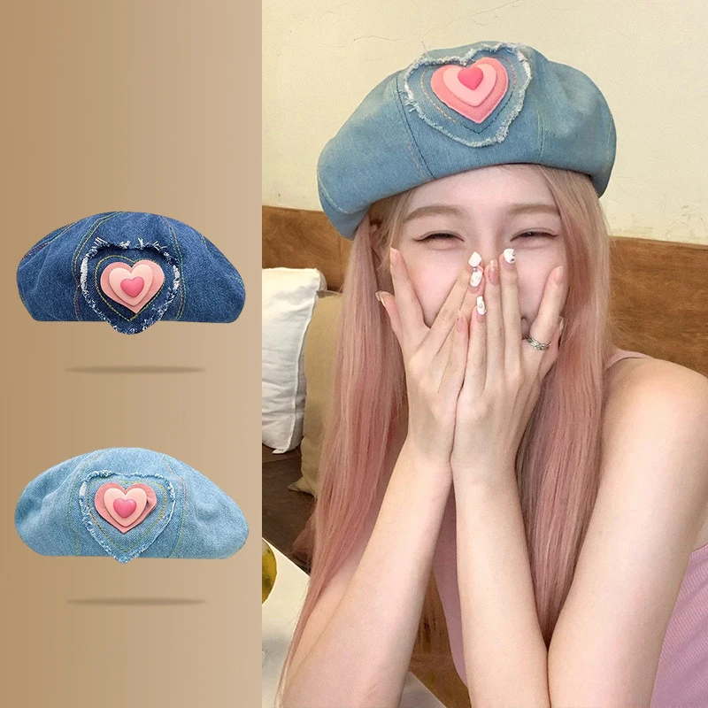 

Женские береты в Корейском стиле Kawaii Love Cute Kawaii Sweet Simple Versatile Модные ковбойские береты Роскошная художественная шляпа художника в стиле ретро