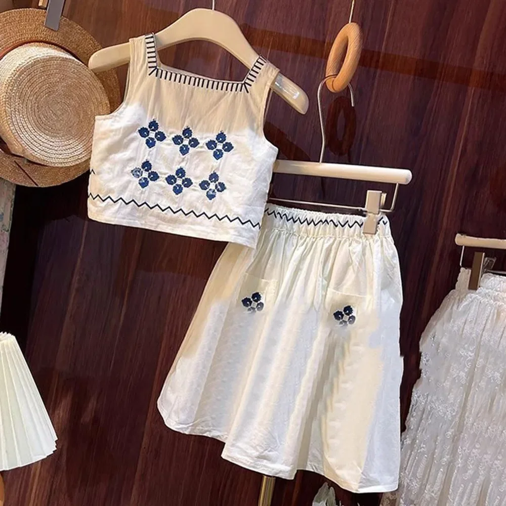 Summer Sleeveless with Pockets Kids Outfits Embroidered Vest Top + Skirt Two-piece Girls Sets 3-7Y