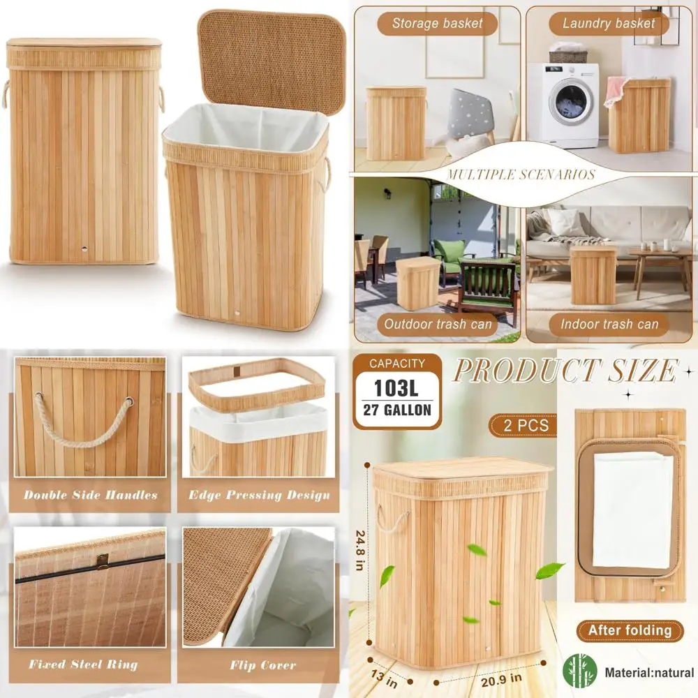 

Large Foldable Bamboo Trash Can with Lid - 27 Gallon Slim Rectangular Waste Basket for Bathroom and Bedroom