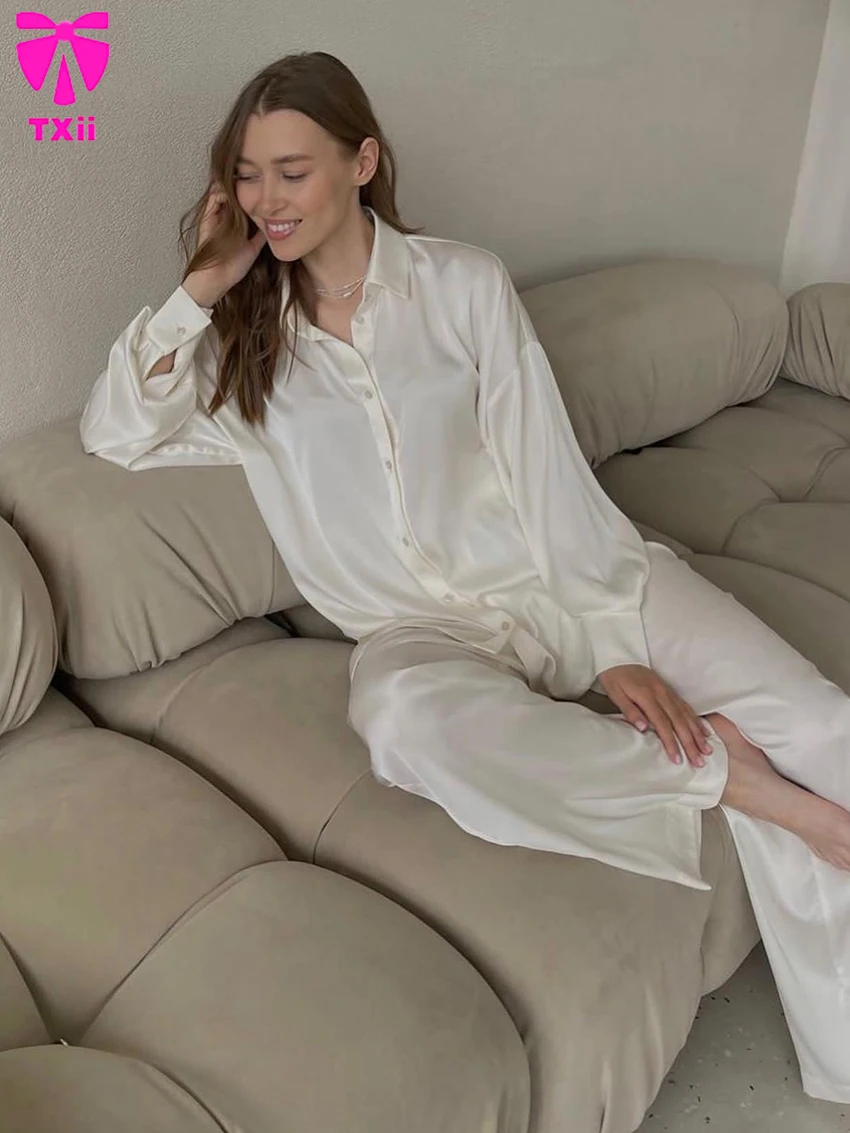 TXii Loose Ladies Nightwear 2 Piece Set Turn-Down Collar Nightgowns Long Sleeve Sleepwear Wide Leg Pants Women Pajama Suit