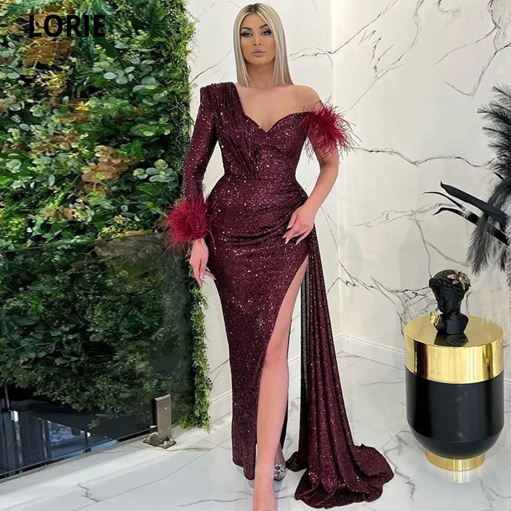 

LORIE Burgundy Saudi Arabia One Shoulder Evening Dresses 2022 High Slit Glitter Sequins Prom Dresses Robe De Soirée De Mariage